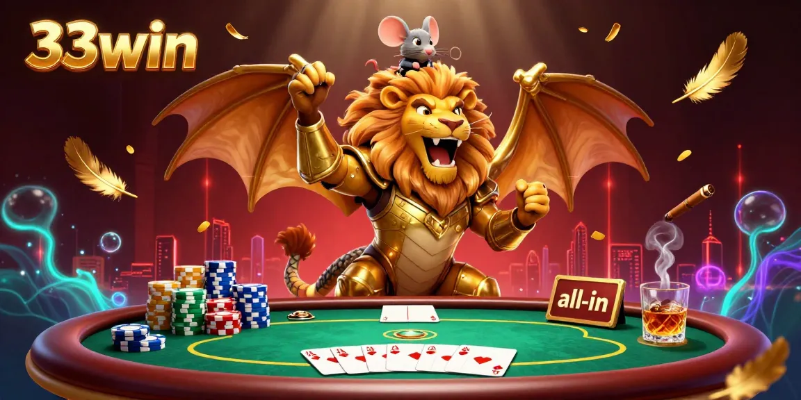 Experience thrilling poker action at 33win with a vibrant 3D casino scene featuring a chimera and mouse jockey.