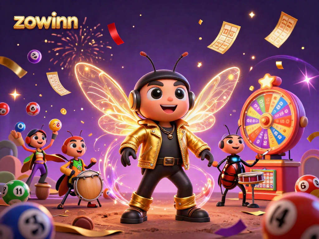 Zowinn brings excitement with colorful lottery balls, golden bingo cards, and a lively 3D rock star scene.