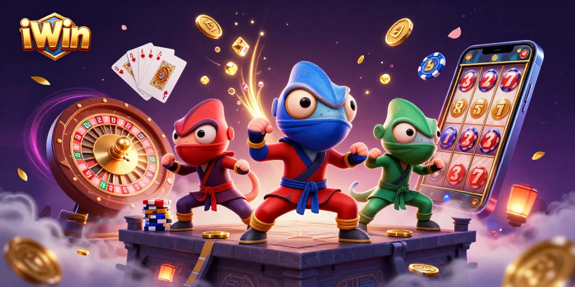iWin showcases a dynamic chameleon team in action amidst casino elements and golden coins.