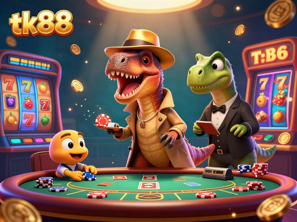 Experience the excitement of tk88 casino with a velociraptor card counter and stegosaurus pit boss in a vibrant blackjack scene.