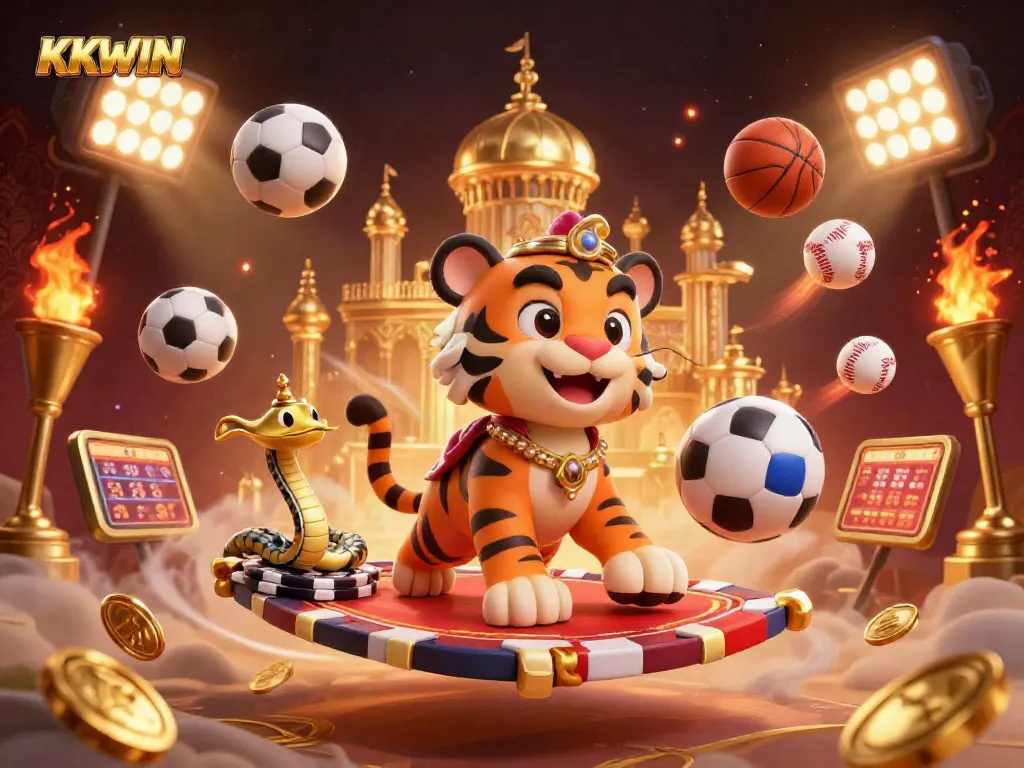 Experience the thrill with KKWIN's animated scene of a tiger sultan surrounded by vibrant betting elements.