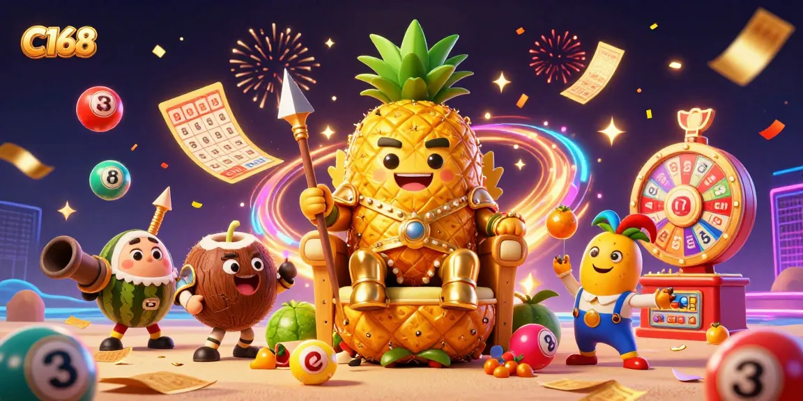 Join the fun at C168 with lively characters and exciting lottery elements in a beach casino scene.