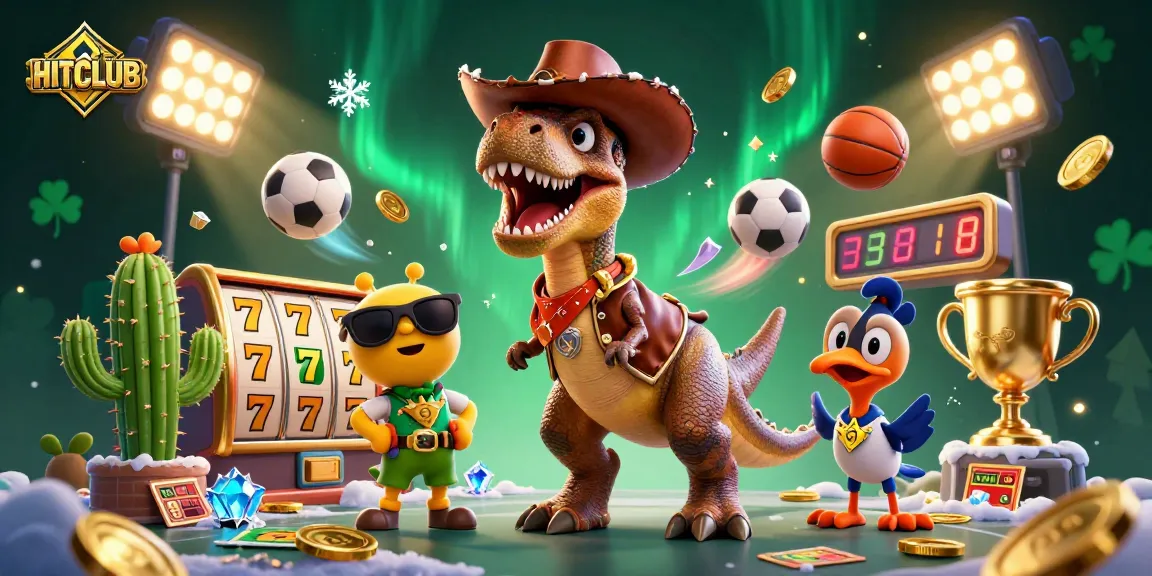 HITCLUB's dynamic gaming scene features a cowboy dinosaur and vibrant slot elements for players.