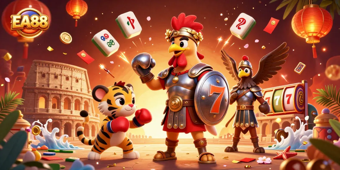 Engage with EA88 slots featuring a dynamic 3D rooster gladiator under vibrant celebratory elements.