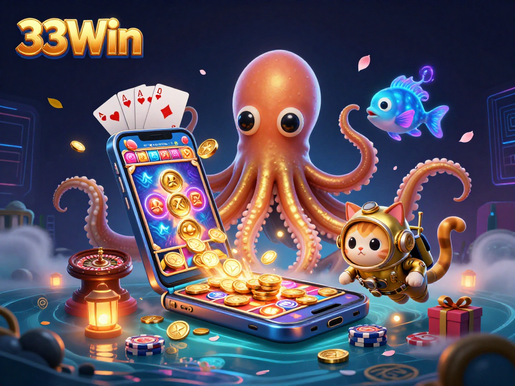 Engage in thrilling gameplay with 33Win—a colossal kraken and diving cat illuminate the gaming world.