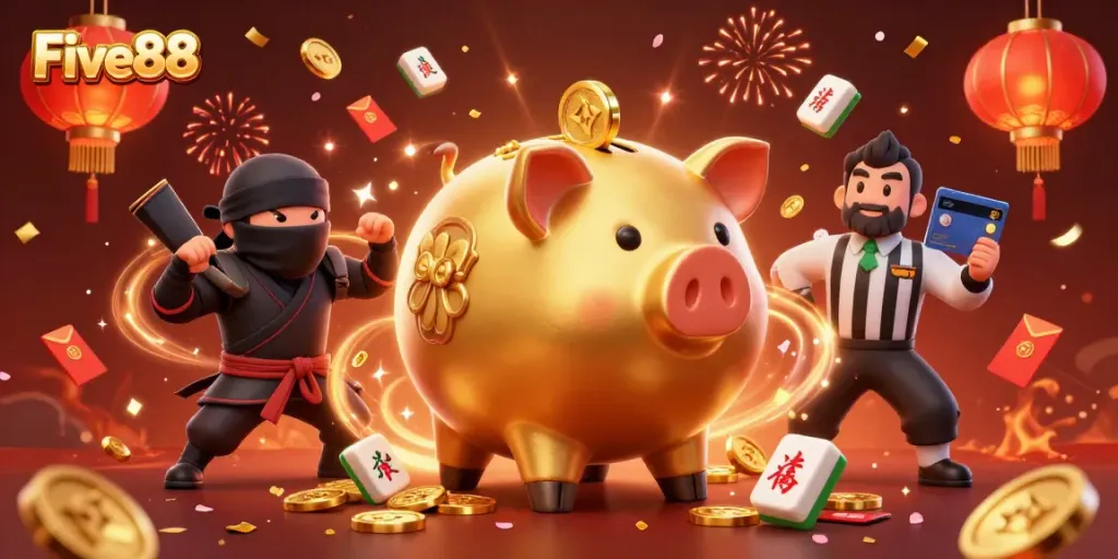 Experience exciting action with Five88's golden piggy bank sumo wrestler and wallet-ninja duo amidst celebratory elements.