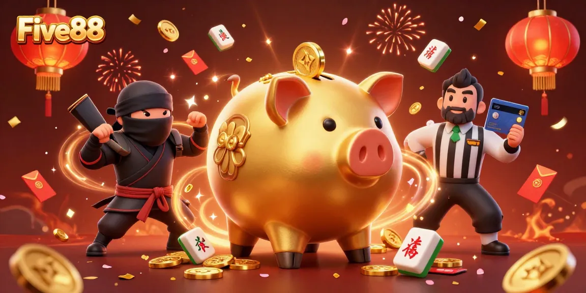 Experience exciting action with Five88's golden piggy bank sumo wrestler and wallet-ninja duo amidst celebratory elements.