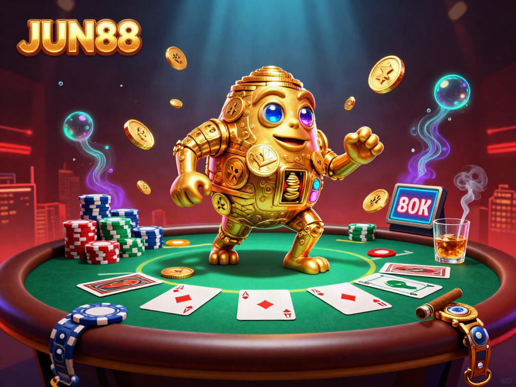 Engage in thrilling games at JUN88, featuring a golden golem with poker chips and cards in a vibrant setting.