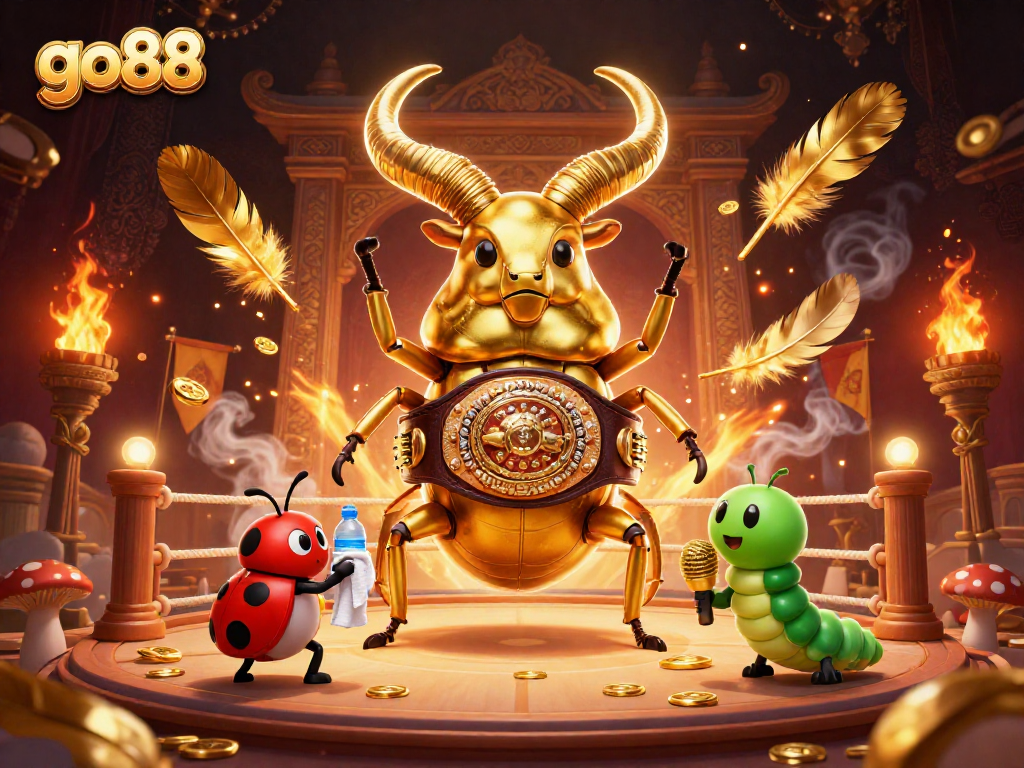 go88 showcases a vibrant 3D scene featuring a giant golden stag beetle in a boxing ring, emphasizing thrilling casino competition.
