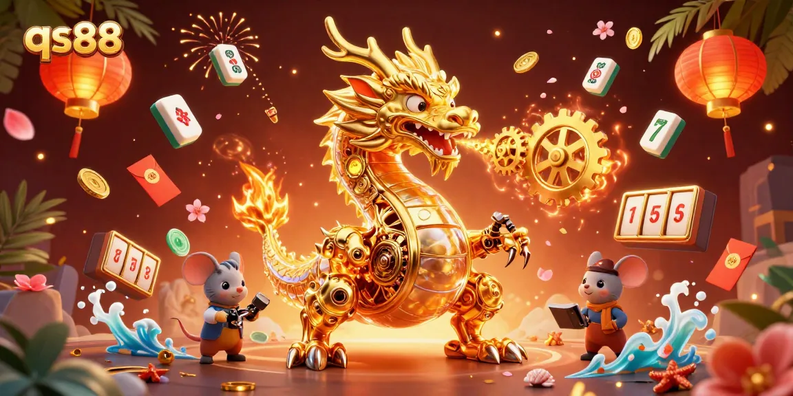 A dynamic scene depicting the qs88 gaming universe with a golden dragon amidst slot and casino elements.