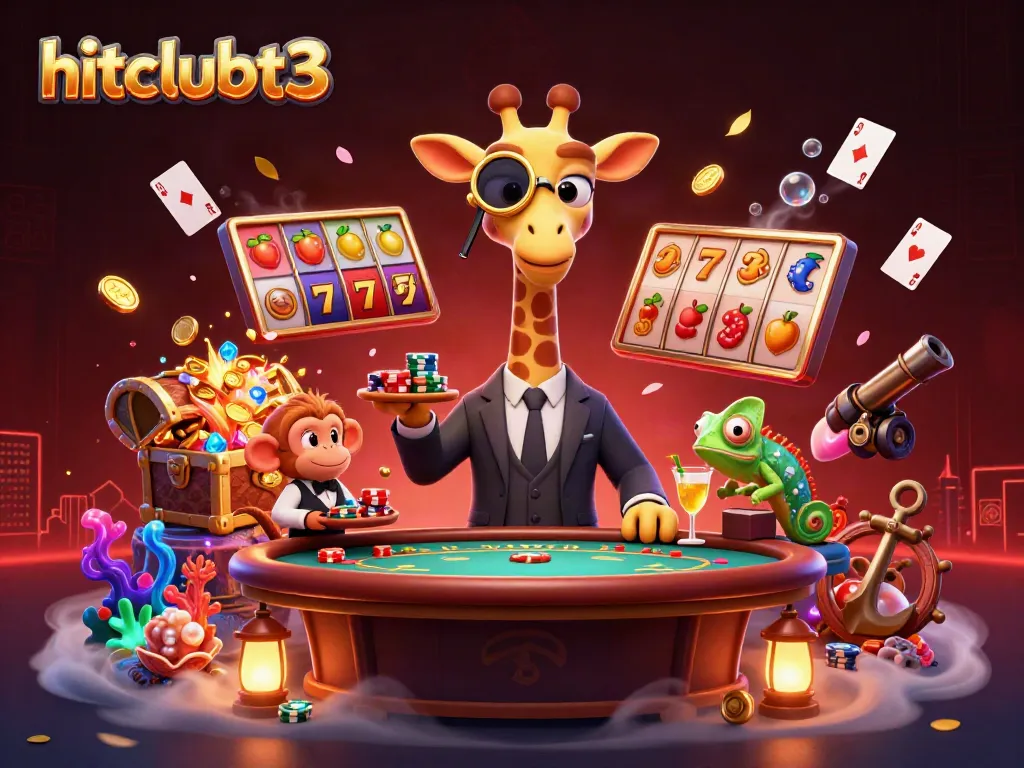 Engage in thrilling gameplay at hitclubt3 with a vibrant 3D illustration showcasing a high-roller giraffe and casino elements.
