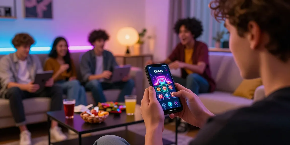 CK444 gaming experience with friends enjoying the mobile app in a vibrant living room.