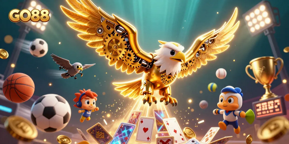 Experience giant wins at GO88 with a cybernetic eagle soaring through holographic cards amidst dynamic sports elements.