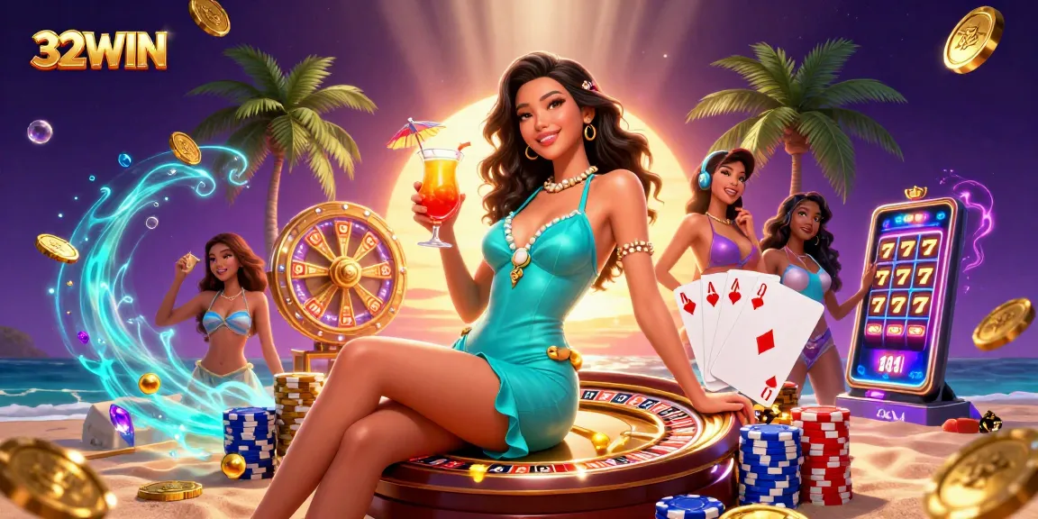 Win big at 32WIN with an exciting beach casino scene showcasing vibrant gaming elements and luxurious settings.