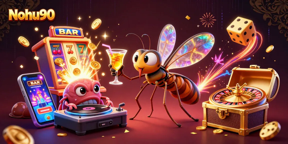 Nohu90 showcases a vibrant 3D casino scene with a unique mosquito mascot and thrilling game elements.