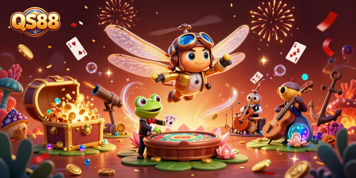 Engage in exciting games at QS88 with vibrant characters and animated casino elements in a colorful scene.