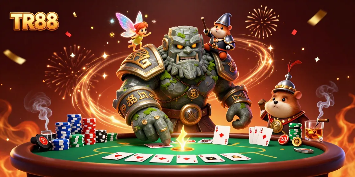 Experience the excitement of TR88 with a dynamic scene featuring enchanted characters and vibrant casino elements.