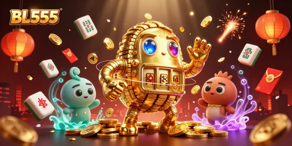 Experience the excitement of BL555, a dynamic 3D casino scene filled with vibrant gold symbols and festive elements.