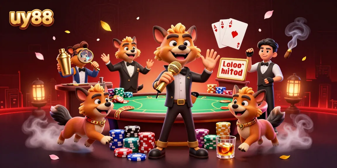 Join the fun at uy88's vibrant casino with hyenas mixing drinks and telling jokes!