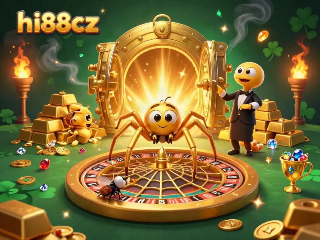 Enhance your bets with hi88cz’s captivating casino-themed illustration of a spider spinning a web like a roulette wheel.