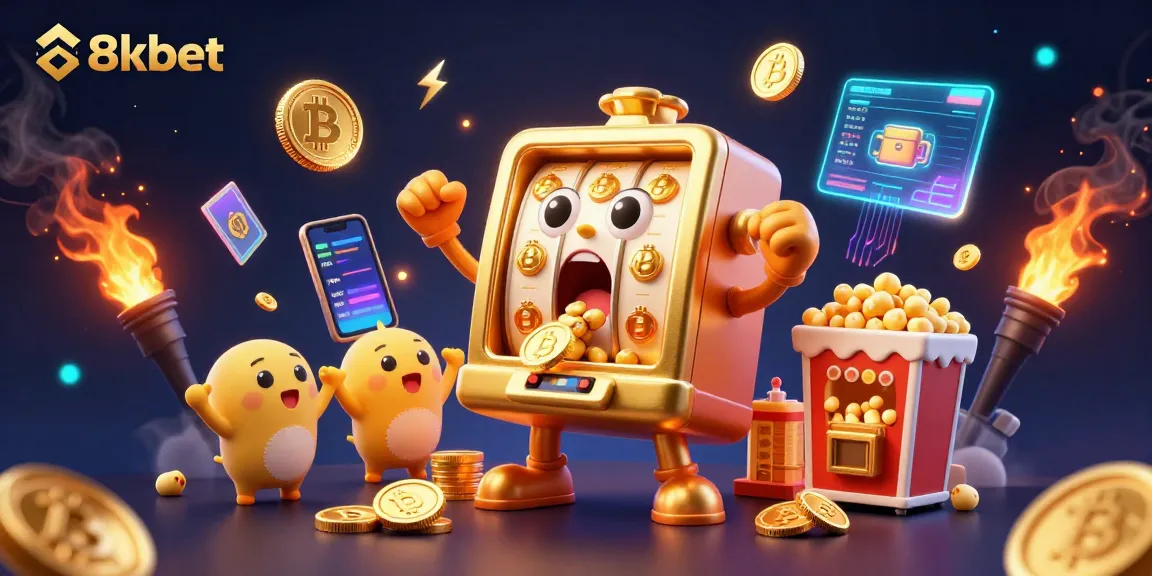Engage with 8xbet: A golden slot machine celebrates a jackpot, surrounded by dynamic cryptocurrency elements.