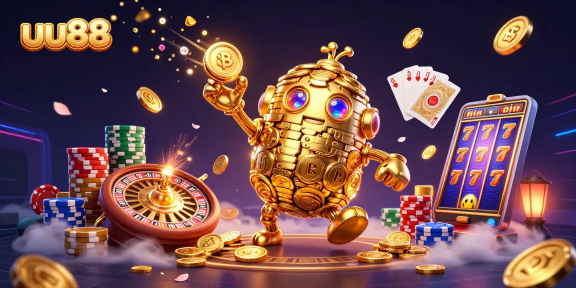 Spin the reels with uu88's vibrant casino scene, featuring animated golden golem and exciting gaming elements.
