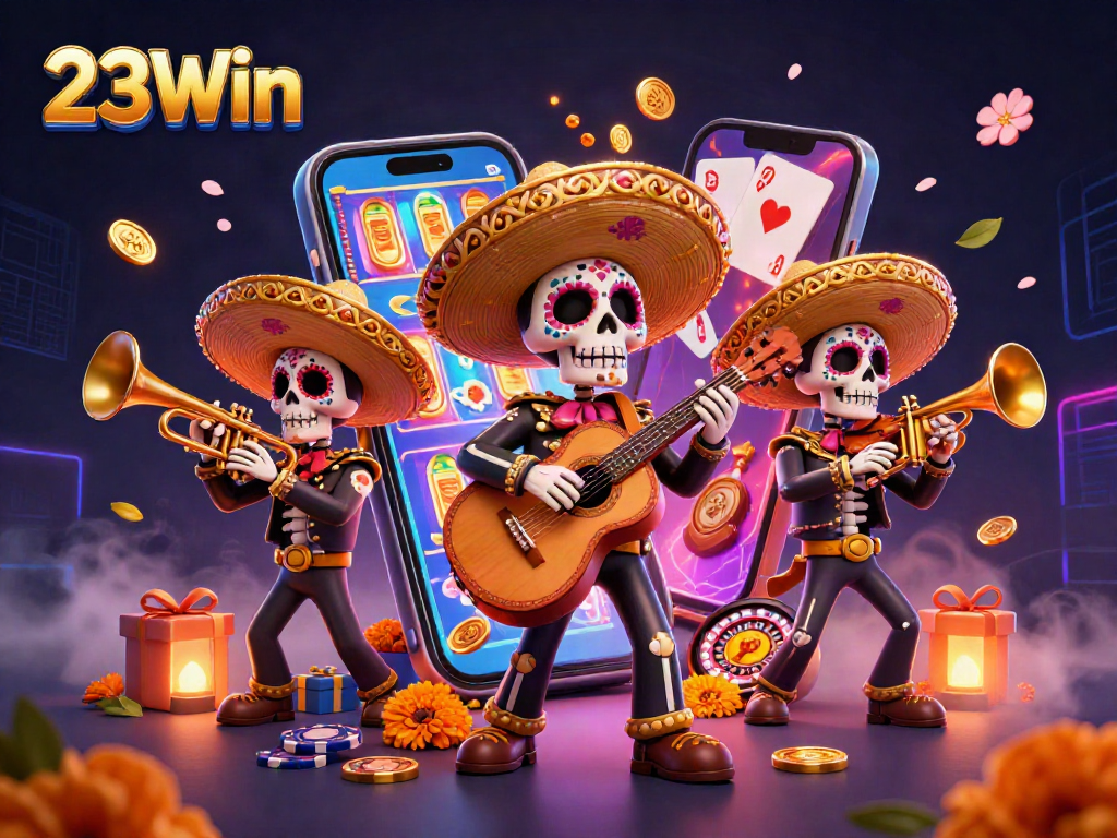 Experience thrilling wins with 23Win's vibrant casino scene featuring a lively mariachi band and rich gaming elements.