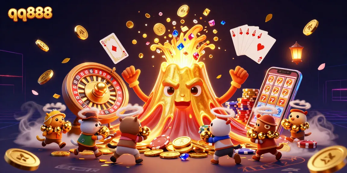 Experience winning strategies at qq888 with a vibrant scene of a golden volcano and treasure amidst dynamic casino elements.