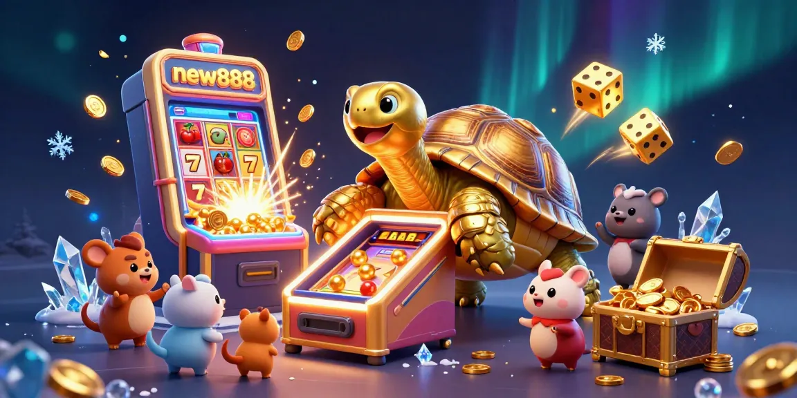 Experience new888 gaming excitement with a dynamic scene of a colossal golden tortoise and thrilling casino elements.