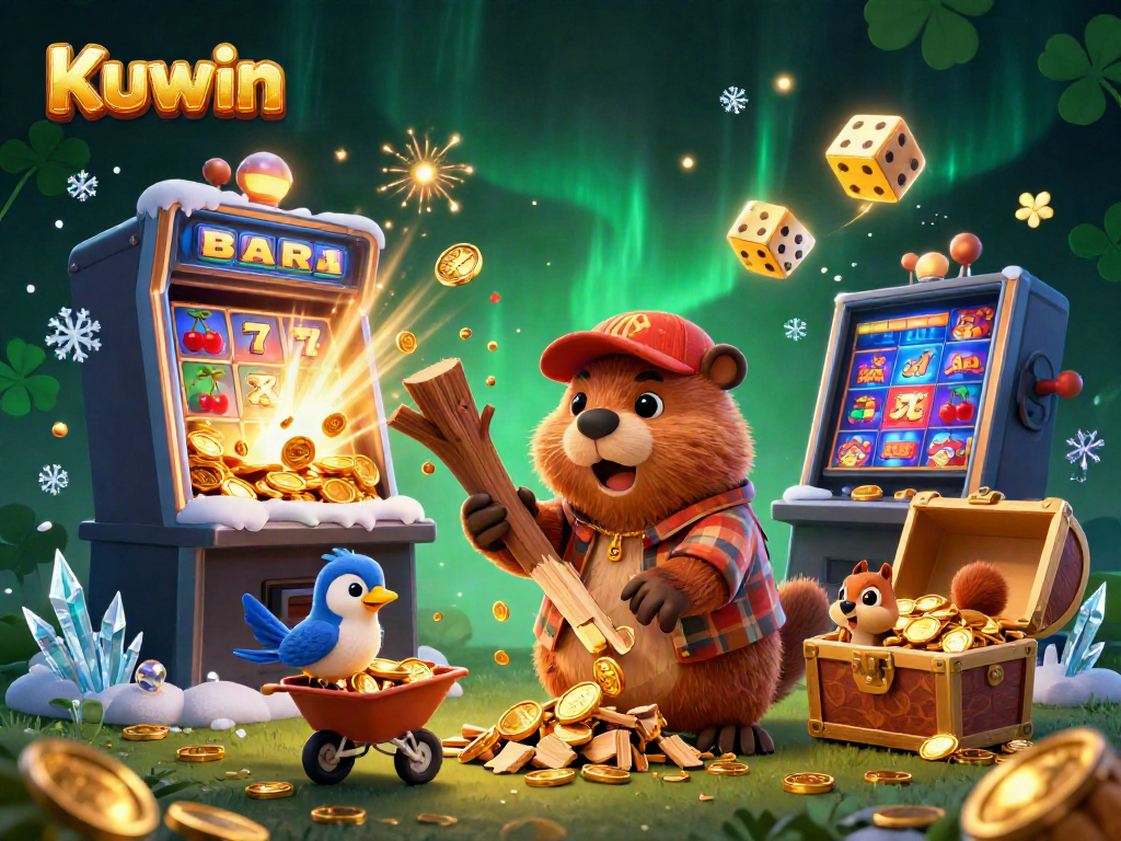 Kuwin cartoon beaver competing in a lively casino scene, surrounded by coins, slots, and vibrant colors.