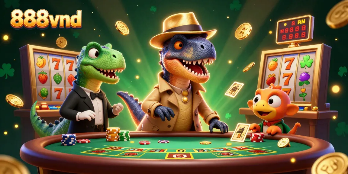 Play at 888vnd casino with thrilling slot games featuring a clever velociraptor character.