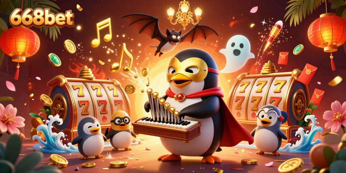 Experience thrilling moments with 668bet as a penguin plays an organ shooting coins amidst vibrant casino elements.