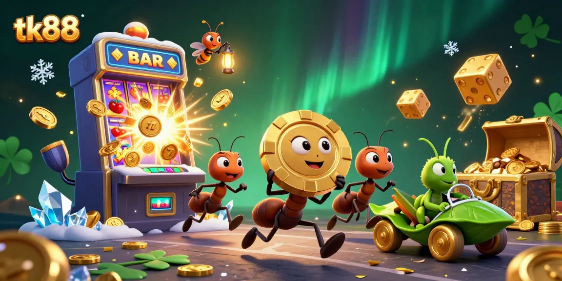 Experience thrilling gameplay at tk88 while ants carry a giant poker chip amidst a vibrant casino heist scene.