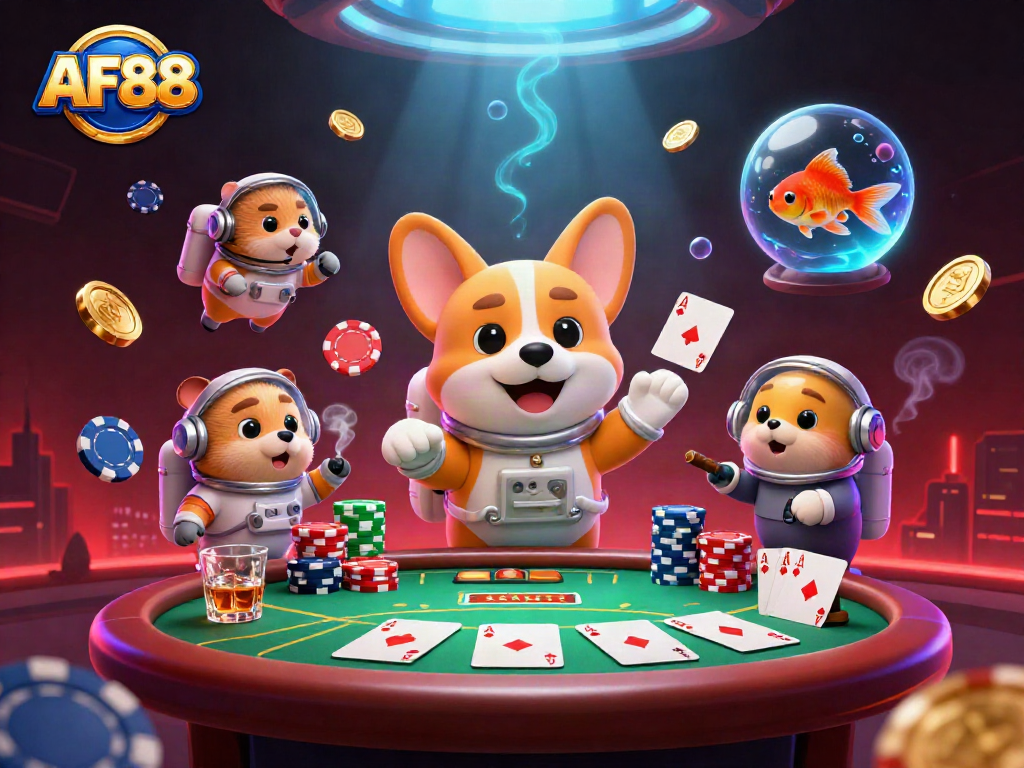 Engage in thrilling gameplay at AF88, featuring floating poker chips and energetic casino elements.