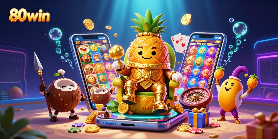 Engage with 80win's vibrant casino scene featuring a golden pineapple king and dynamic gaming elements.