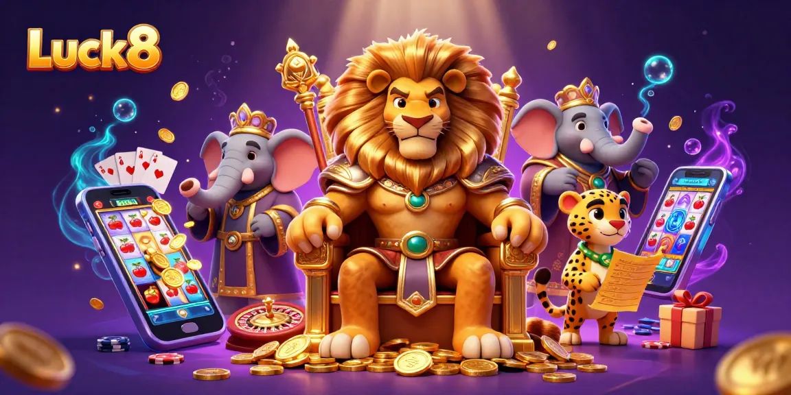 Experience thrilling gaming with Luck8's vibrant casino scene featuring a lion king, elephant advisor, and cheetah messenger.