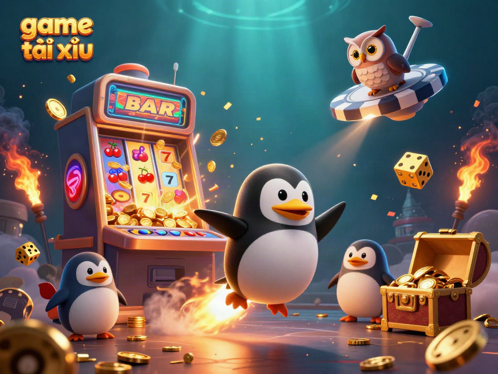 Experience thrilling game tài xỉu action with a golden penguin in space at a vibrant casino.