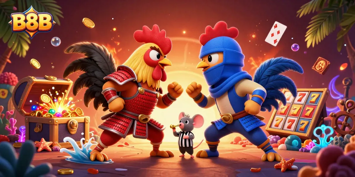 Engage with B8B by witnessing the ultimate rooster showdown in an online casino scene.