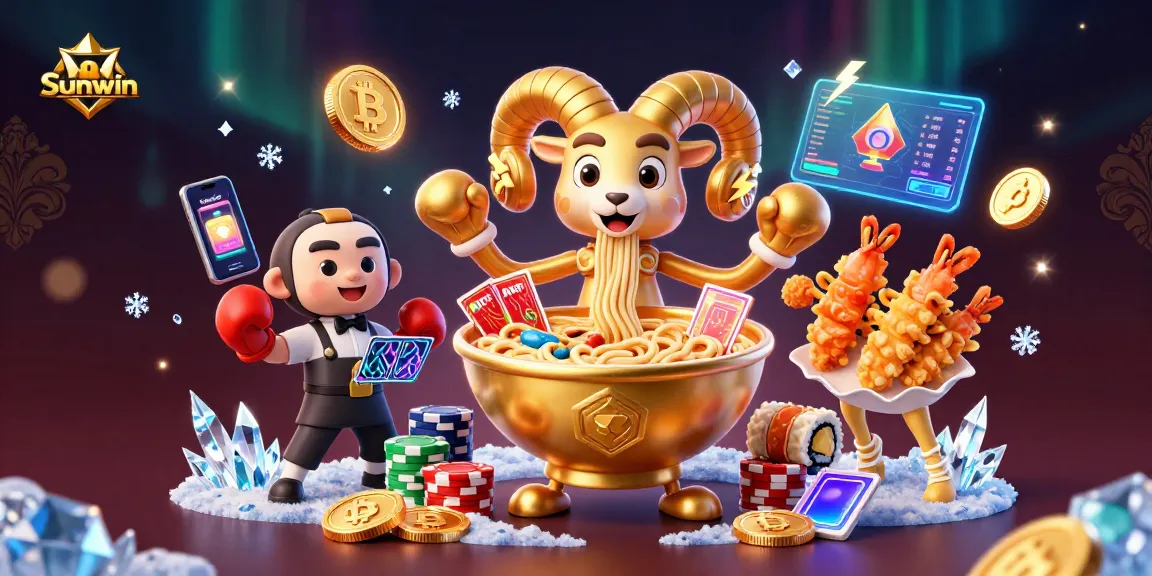 Engage with Sunwin's vibrant gaming scene featuring a golden ramen bowl dealer amidst colorful crypto elements.