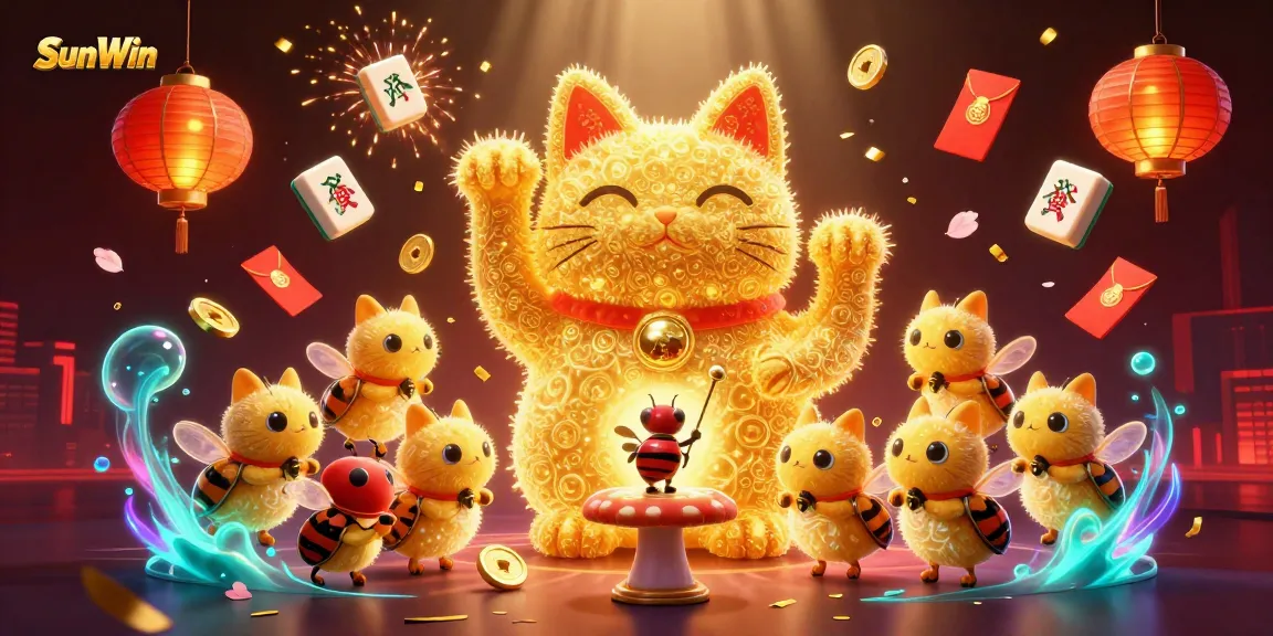 Experience exciting gaming with SunWin's vibrant casino-themed illustration featuring a lucky cat and fireflies.