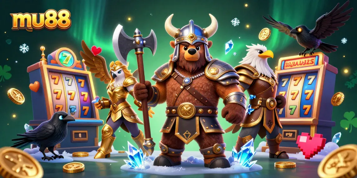 Engage with mu88's vibrant 3D casino scene featuring a Viking berserker and Valkyrie amid colorful slot machines.