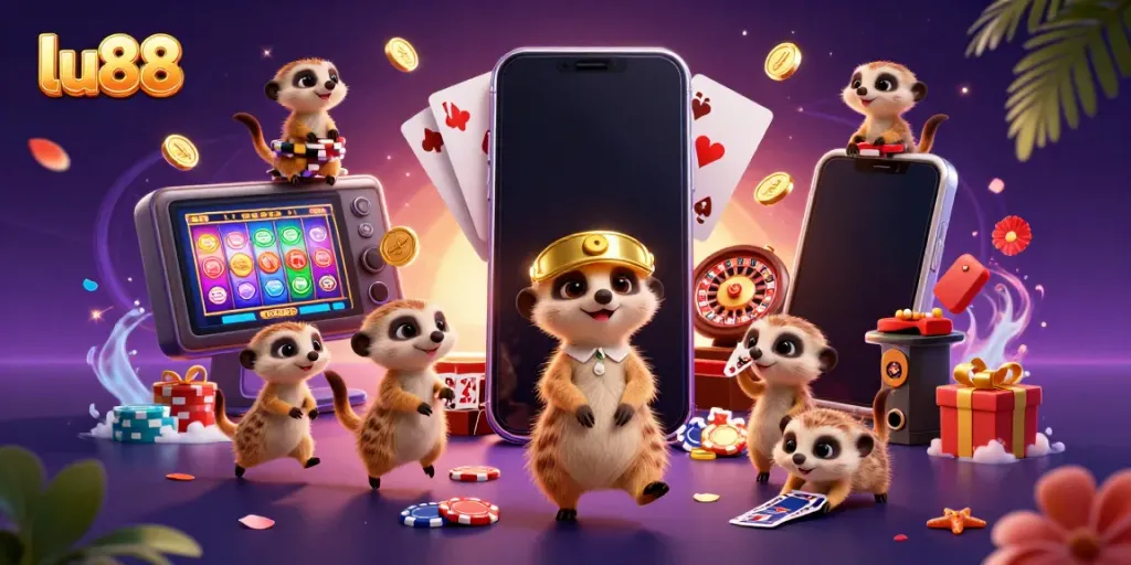 Experience thrilling gaming action at lu88 with adorable meerkats running a vibrant casino.