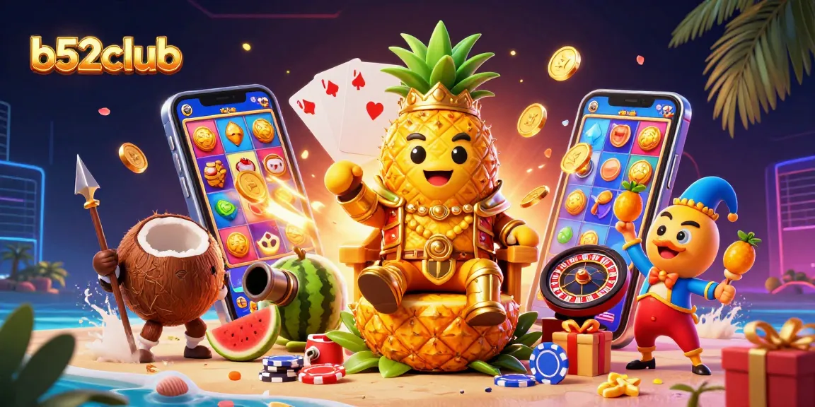 Experience vibrant gaming at b52club with a rich scene of carnival-like characters and casino elements.