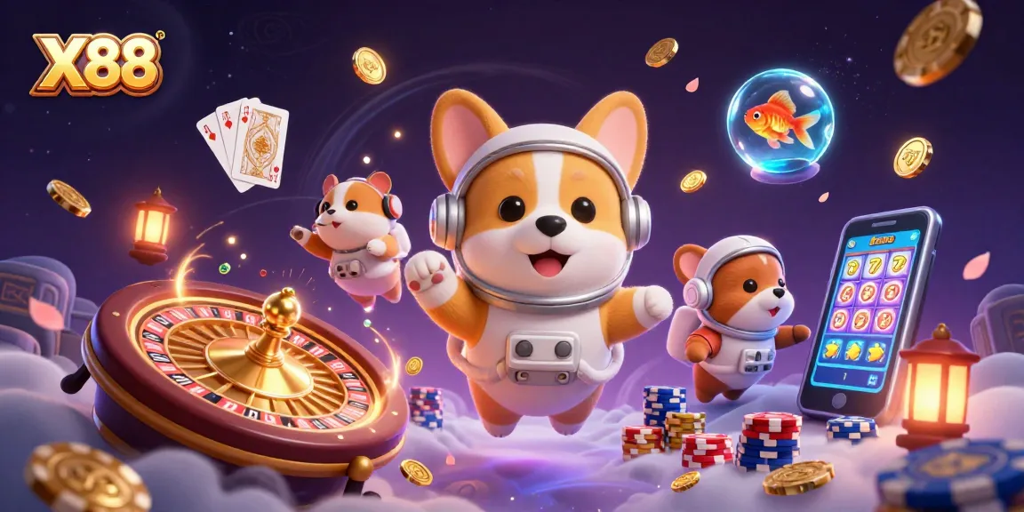 X88 casino gaming scene with a corgi astronaut, hamster, and goldfish in a space station
