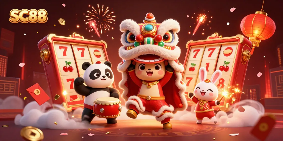 Spin the reels at SC88 with festive lion dance characters celebrating luck and joy.