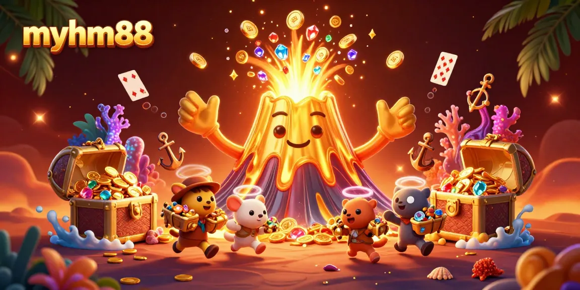 Experience the thrill with myhm88's golden volcano erupting coins in a vibrant casino adventure.