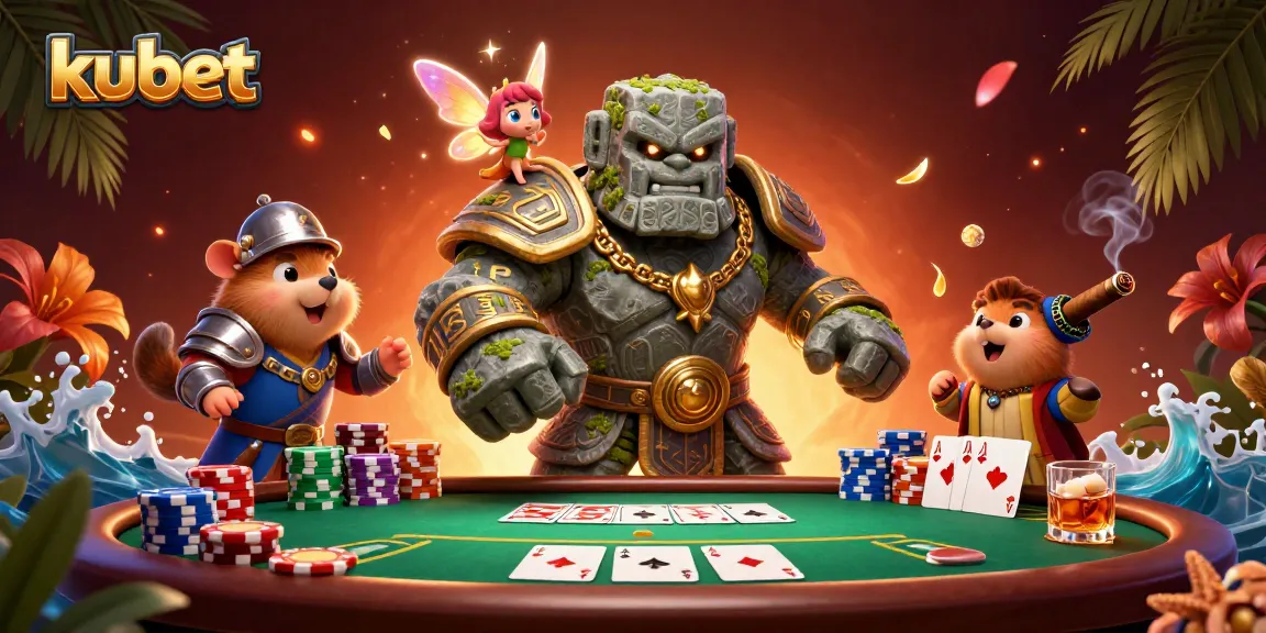 Kubet showcases a lively 3D casino scene of a golem, fairy, and knight with poker elements.