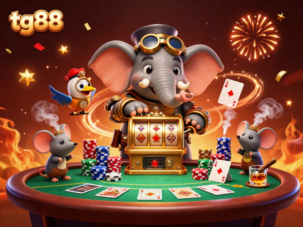 tg88 slot machine scene with a steampunk elephant engineer and poker elements
