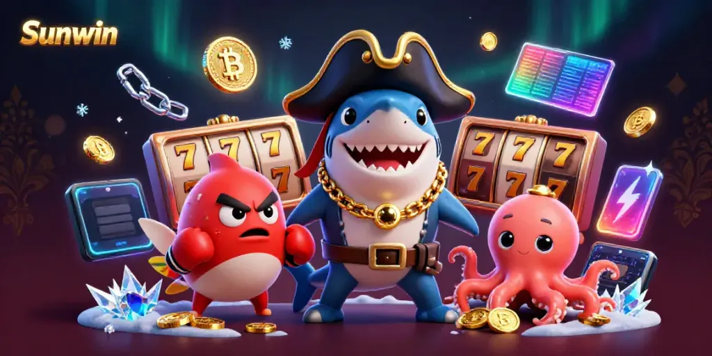 Win big at Sunwin with a pirate shark and friends in an exciting casino scene.