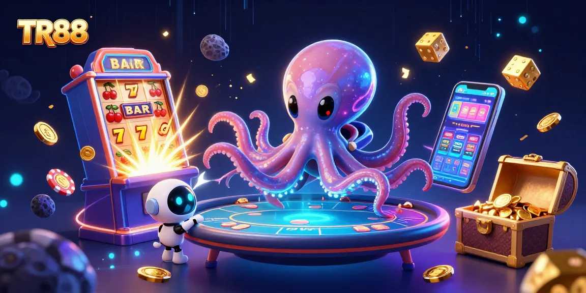 TR88's alien octopus deals poker at a vibrant casino-themed scene with dynamic elements.